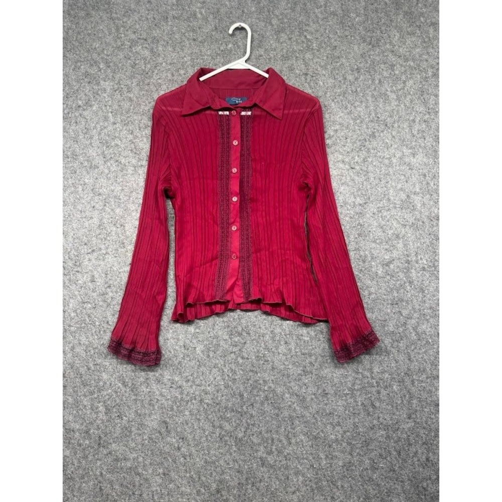 RAG Burgundy Red‎ Pleated Lace Trim Button Front Long Sleeve Top Womens Large